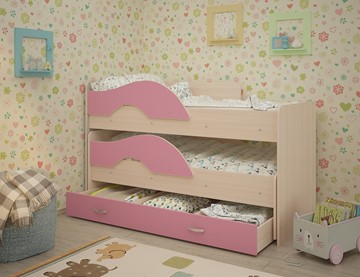 Детская двухъярусная кровать Радуга 1.6 с ящиком, корпус Млечный дуб, фасад Розовый в Липецке