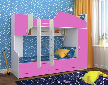 Детская кровать-шкаф Юниор-2, каркас Белое дерево, фасад Розовый в Липецке