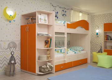 Детская 2-этажная кровать Мая на щитах со шкафом и ящиками, корпус Млечный дуб, фасад Оранжевый в Липецке