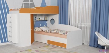 Кровать-чердак детская Кадет-2 с металлической лестницей, корпус Белое дерево, фасад Оранжевый в Липецке
