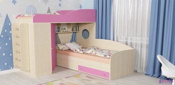 Детская кровать-шкаф Кадет-2 с металлической лестницей, корпус Дуб, фасад Розовый в Липецке