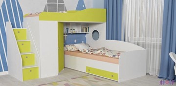 Детская кровать-шкаф Кадет-2 с универсальной лестницей, корпус Белое дерево, фасад Лайм в Липецке