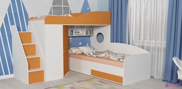 Детская кровать-шкаф Кадет-2 с универсальной лестницей, корпус Белое дерево, фасад Оранжевый в Липецке