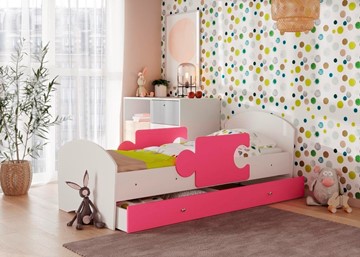 Детская кровать с бортиками и ящиком Мозайка, корпус Белый/фасад Розовый (ламели) в Липецке