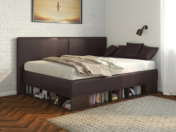 Детская 1,5-спальная кровать Lancaster 1, 120х200, ЛДСП венге, экокожа коричневая в Липецке