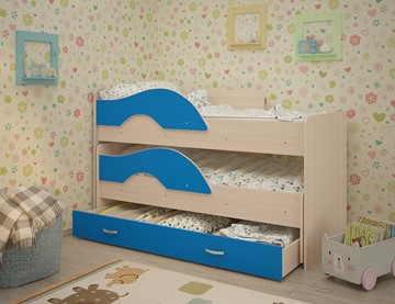 Детская 2-этажная кровать Радуга 1.6 с ящиком, корпус Млечный дуб, фасад Синий в Липецке