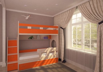 Кровать 2-ярусная Ярофф Юниор-1 с бортом, каркас Дуб, фасад Оранжевый в Липецке