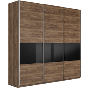 Шкаф 3-дверный Широкий Прайм (ДСП / Черное стекло) 2400x570x2300, Крафт Табачный в Липецке