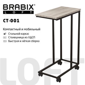 Стол журнальный BRABIX "LOFT CT-001", 450х250х680 мм, на колёсах, металлический каркас, цвет дуб антик, 641860 в Липецке