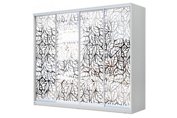 Шкаф-купе 4-х створчатый 22-24/2-6666, Пескоструйный рисунок "Лист", Белый в Липецке