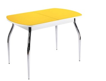 Кухонный стол ПГ-04 СТ2, белое/желтое стекло/35 хром гнутые металл в Липецке