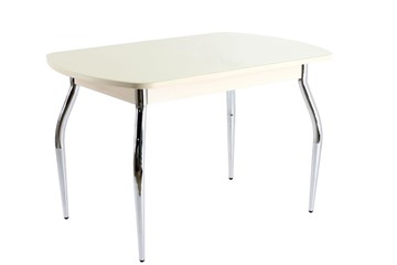 Стеклянный обеденный стол ПГ-05 СТ1, дуб молочный/песочное стекло/35 хром гнутые металл в Липецке