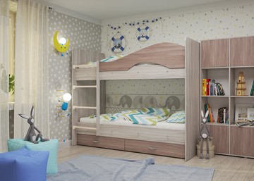 Двухъярусная кровать Мая с 2 ящиками на щитах, корпус Шимо светлый, фасад Шимо темный в Липецке - предосмотр