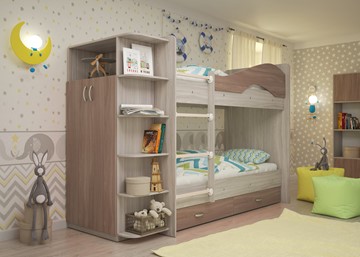 Детская 2-х ярусная кровать Мая на щитах со шкафом и ящиками, корпус Шимо светлый, фасад Шимо темный в Липецке - предосмотр
