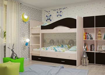 Детская  двухъярусная кровать Мая с 2 ящиками на щитах, корпус Млечный дуб, фасад Венге в Липецке - предосмотр 1