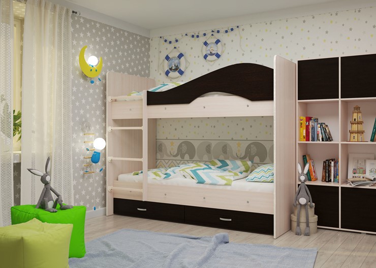 Детская  двухъярусная кровать Мая с 2 ящиками на щитах, корпус Млечный дуб, фасад Венге в Липецке - изображение 1