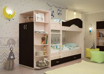 Детская  двухъярусная кровать Мая с 2 ящиками на щитах, корпус Млечный дуб, фасад Венге в Липецке - предосмотр 2