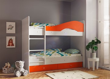 Детская двухэтажная кровать Мая с 2 ящиками на щитах, корпус Млечный дуб, фасад Оранжевый в Липецке - предосмотр