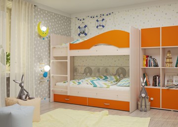 Детская двухэтажная кровать Мая с 2 ящиками на щитах, корпус Млечный дуб, фасад Оранжевый в Липецке - предосмотр 3