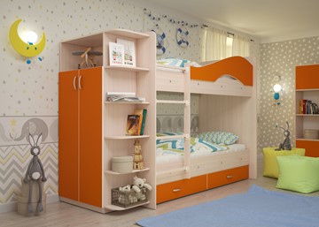 Детская двухэтажная кровать Мая с 2 ящиками на щитах, корпус Млечный дуб, фасад Оранжевый в Липецке - предосмотр 1