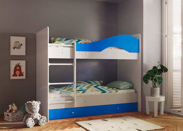 Детская 2-х ярусная кровать Мая с 2 ящиками на щитах, корпус Млечный дуб, фасад Синий в Липецке - изображение