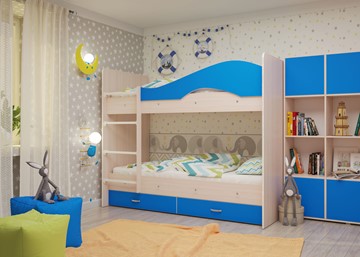 Детская 2-х ярусная кровать Мая с 2 ящиками на щитах, корпус Млечный дуб, фасад Синий в Липецке - предосмотр 3