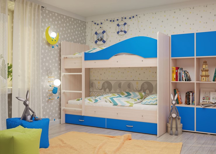 Детская 2-х ярусная кровать Мая с 2 ящиками на щитах, корпус Млечный дуб, фасад Синий в Липецке - изображение 3