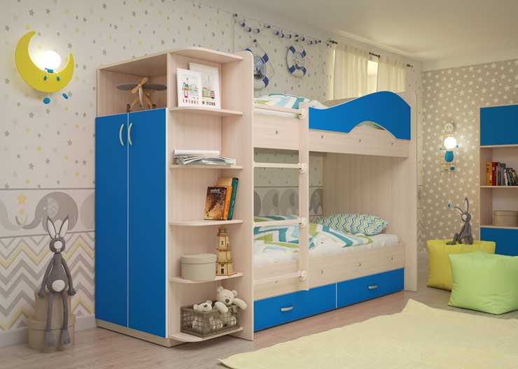 Детская 2-х ярусная кровать Мая с 2 ящиками на щитах, корпус Млечный дуб, фасад Синий в Липецке - изображение 1