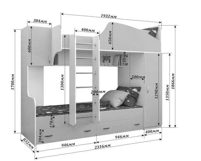 Двухэтажная детская кровать Юниор-2, каркас Белое дерево, фасад Лайм в Липецке - изображение 1