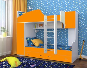 Детская двухэтажная кровать Юниор-2, каркас Белое дерево, фасад Оранжевый в Липецке