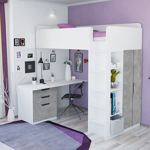 Детская кровать с письменным столом и шкафом POLINI Kids Simple Белый / Бетон в Липецке - предосмотр 1