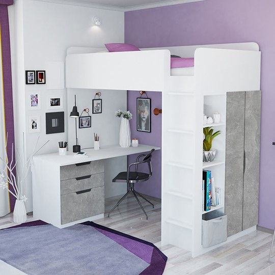 Детская кровать с письменным столом и шкафом POLINI Kids Simple Белый / Бетон в Липецке - изображение 1