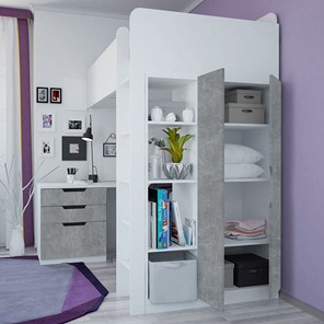Детская кровать с письменным столом и шкафом POLINI Kids Simple Белый / Бетон в Липецке - предосмотр 2