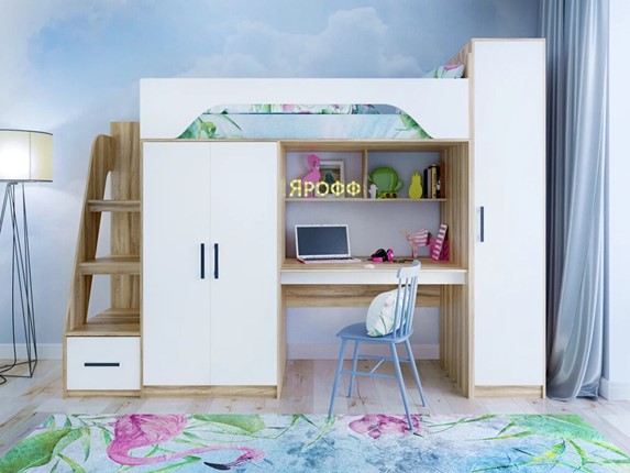 Кровать-чердак в детскую с шкафом Тея, каркас Ясень, фасад Белый в Липецке - изображение