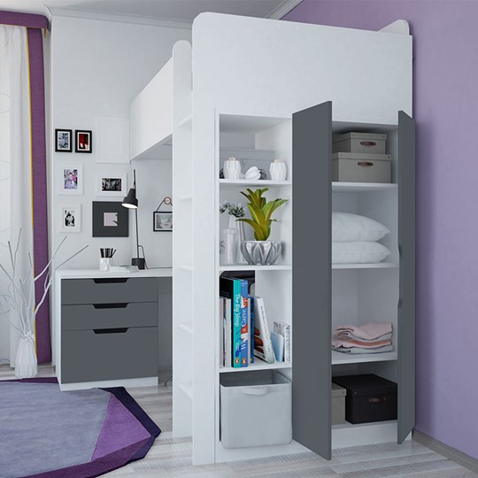 Кровать-чердак с письменным столом и шкафом POLINI Kids Simple Белый / Серый в Липецке - изображение 1
