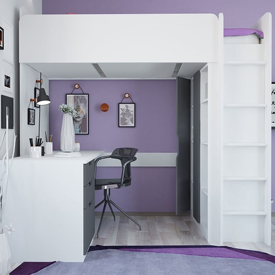 Кровать-чердак с письменным столом и шкафом POLINI Kids Simple Белый / Серый в Липецке - изображение 2