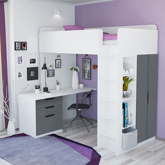 Кровать-чердак с письменным столом и шкафом POLINI Kids Simple Белый / Серый в Липецке - изображение 3