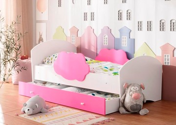 Детская кровать с бортиками Тучка с ящиком, корпус Белый, фасад Розовый в Липецке