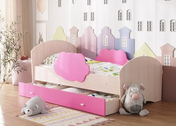 Детская кровать с бортиками Тучка с ящиком, корпус Дуб млечный, фасад Розовый в Липецке