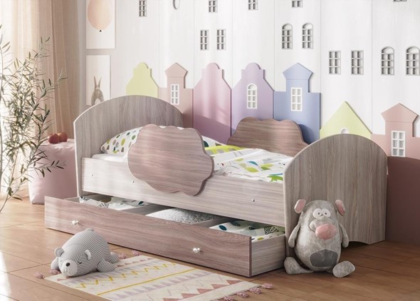 Детская кровать с бортиками Тучка с ящиком, корпус Ясень Шимо светлый, фасад Ясень Шимо темный в Липецке - изображение