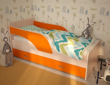 Детская кровать с ящиками Максимка, корпус Млечный дуб, фасад Оранжевый в Липецке - предосмотр