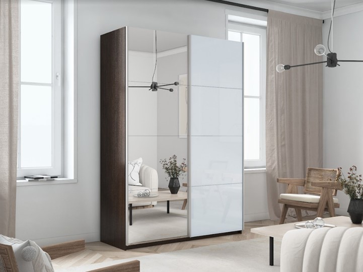 Шкаф 2-х дверный Прайм (Зеркало/Белое стекло) 1400x570x2300, венге в Липецке - изображение 5