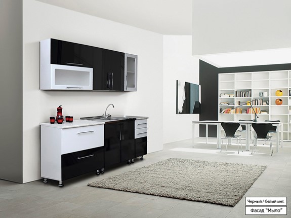 Кухня Мыло 224 2000х718, цвет Черный/Белый металлик в Липецке - изображение