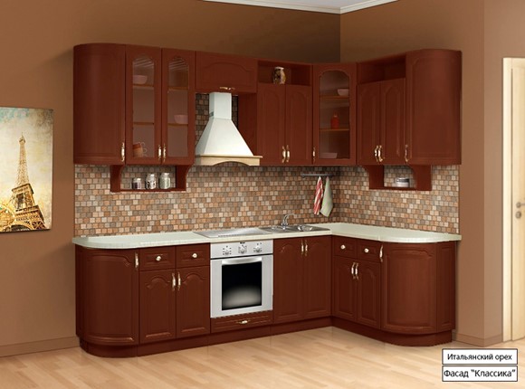 Кухонный угловой гарнитур Классика 2700х1500, цвет Итальянский орех в Липецке - изображение