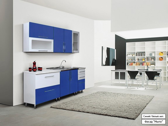 Гарнитур кухонный Мыло 224 2000х718, цвет Синий/Белый металлик в Липецке - изображение