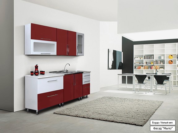 Гарнитур на кухню Мыло 224 2000х718, цвет Бордо/Белый металлик в Липецке - изображение
