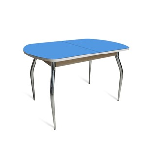 Обеденный раздвижной стол ПГ-01 СТ2, дуб молочный/синие стекло/35 хром гнутые металл в Липецке - предосмотр 1