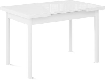 Обеденный раздвижной стол Милан-1 EVO, ноги металлические белые, стекло белое/серый в Липецке