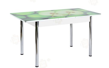 Кухонный раскладной стол Айсберг-01 СТФ, белый/фотопечать зеленые яблоки/ноги хром круглые в Липецке