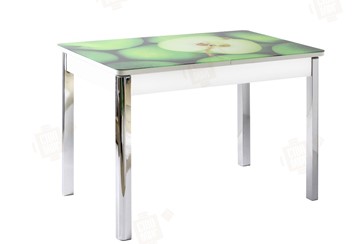 Кухонный раздвижной стол Айсберг-01 СТФ, белый/фотопечать зеленые яблоки/ноги хром квадратные в Липецке
